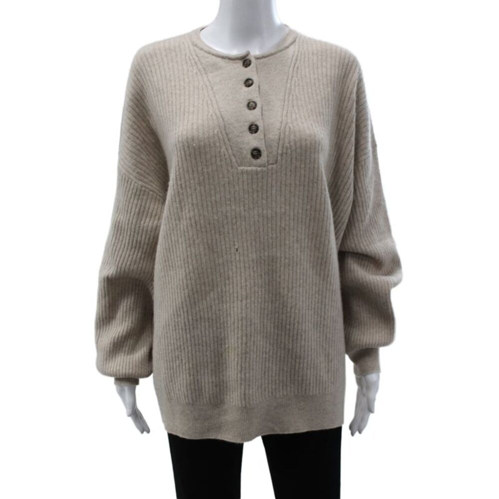 Naadam Womens Henley Sweater Beige 70% Recycled Cashmere Long Sleeve Size S